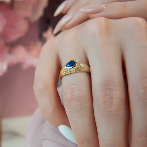 14K Gold Blue Sapphire & Diamond Pear-Shaped Signet Ring