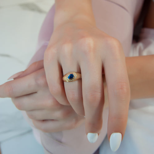 14K Gold Blue Sapphire & Diamond Pear-Shaped Signet Ring