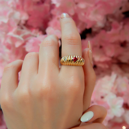 14K Gold Ruby and Diamond Ring Dome Ruby Ring