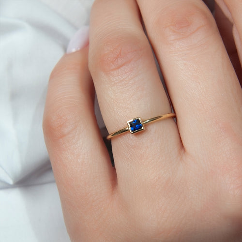 14K Gold Square Cut Solitaire Sapphire Ring