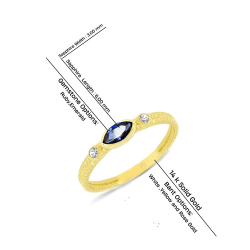 14K Gold Marquise Blue Sapphire Ring with Diamond Accents