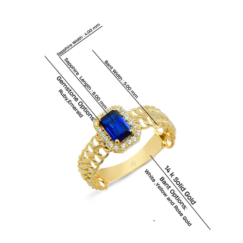 Stunning Gold Ring with Emerald Cut Blue Sapphire and Diamond Halo