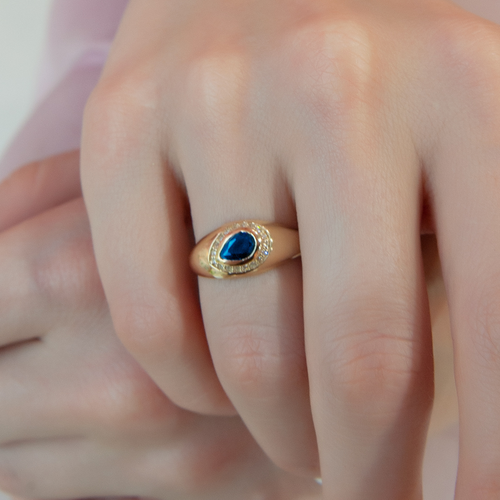 14K Gold Blue Sapphire & Diamond Pear-Shaped Signet Ring