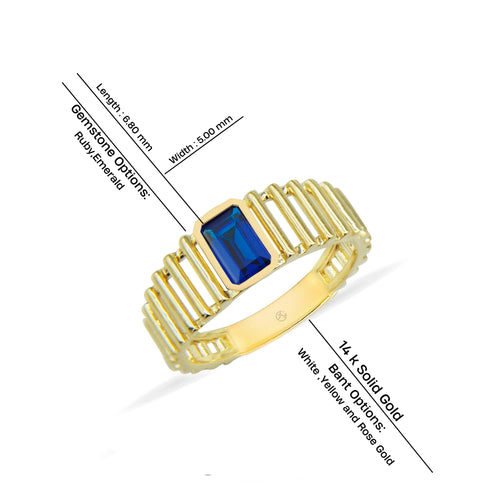 14K Gold Sapphire Ring with Rectangular Blue Gemstone and Unique Band Design