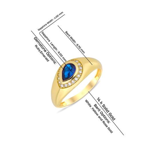 14K Gold Blue Sapphire & Diamond Pear-Shaped Signet Ring