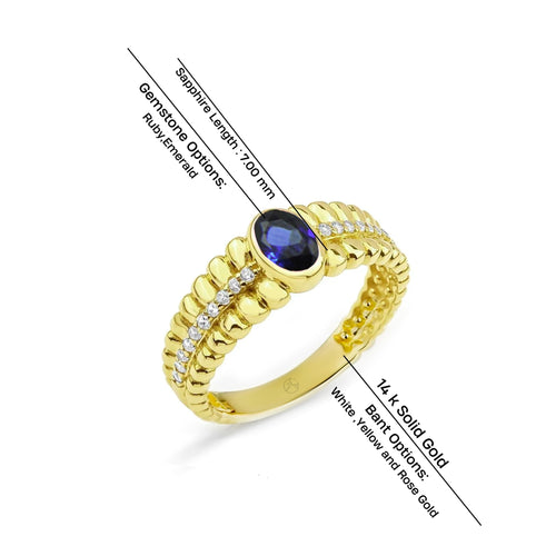 14K Gold Ring with Oval Blue Sapphire and Diamond Accents