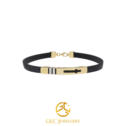 14K Solid Gold Bracelet Men, Black Rubber Cord Bangle Bracelet