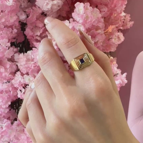 Geometric 14K Gold Sapphire Ring with Square Blue Gemstone