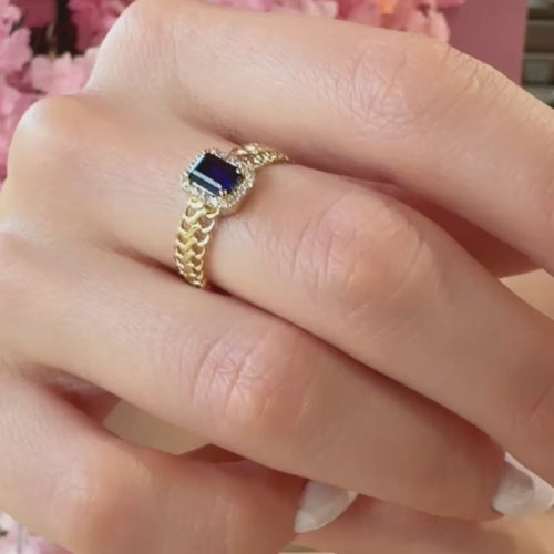 Stunning Gold Ring with Emerald Cut Blue Sapphire and Diamond Halo