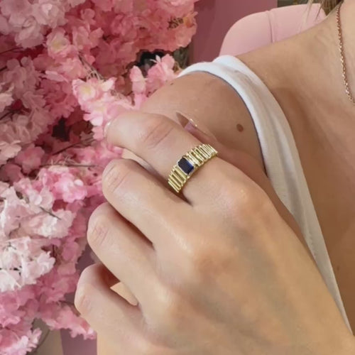 14K Gold Sapphire Ring with Rectangular Blue Gemstone and Unique Band Design