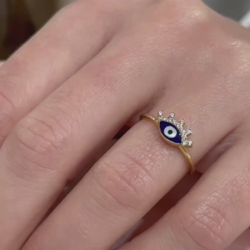 14K Solid Navy Blue Evil Eye Beaded Eye Ring