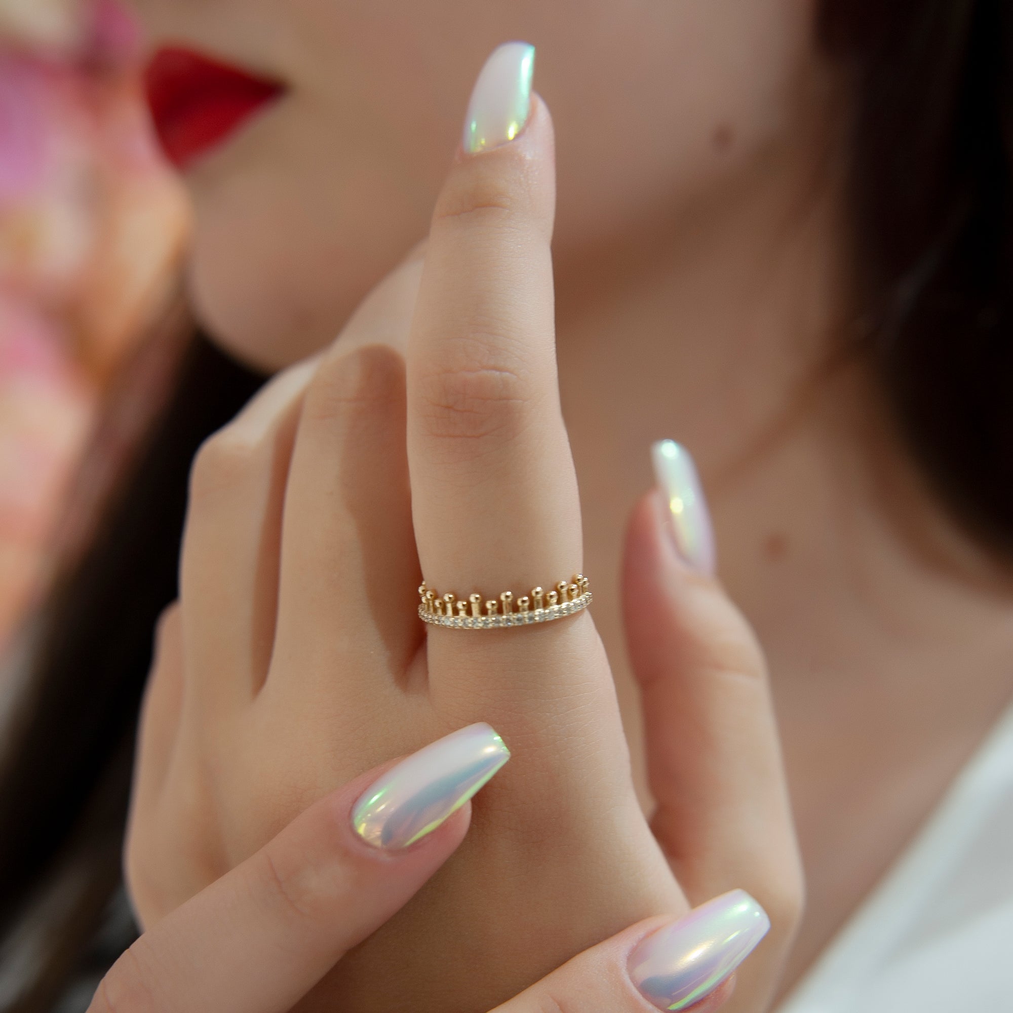 14K Solid Gold Diamond Beaded Ring