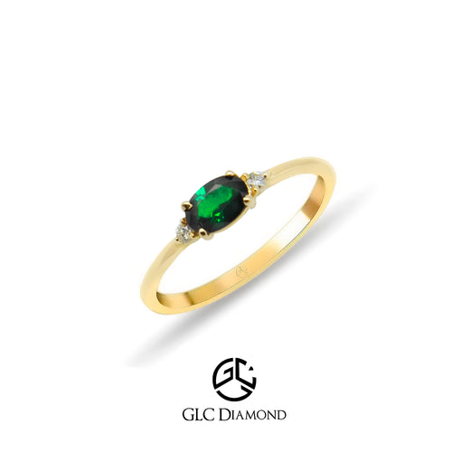 14K Solid Gold Oval Cut Diamond Emerald Ring