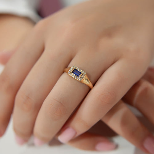 14K Gold Sapphire Diamond Signet Ring