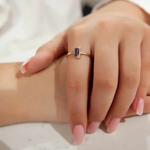 14K Solid Gold Baguette Diamond Sapphire Ring