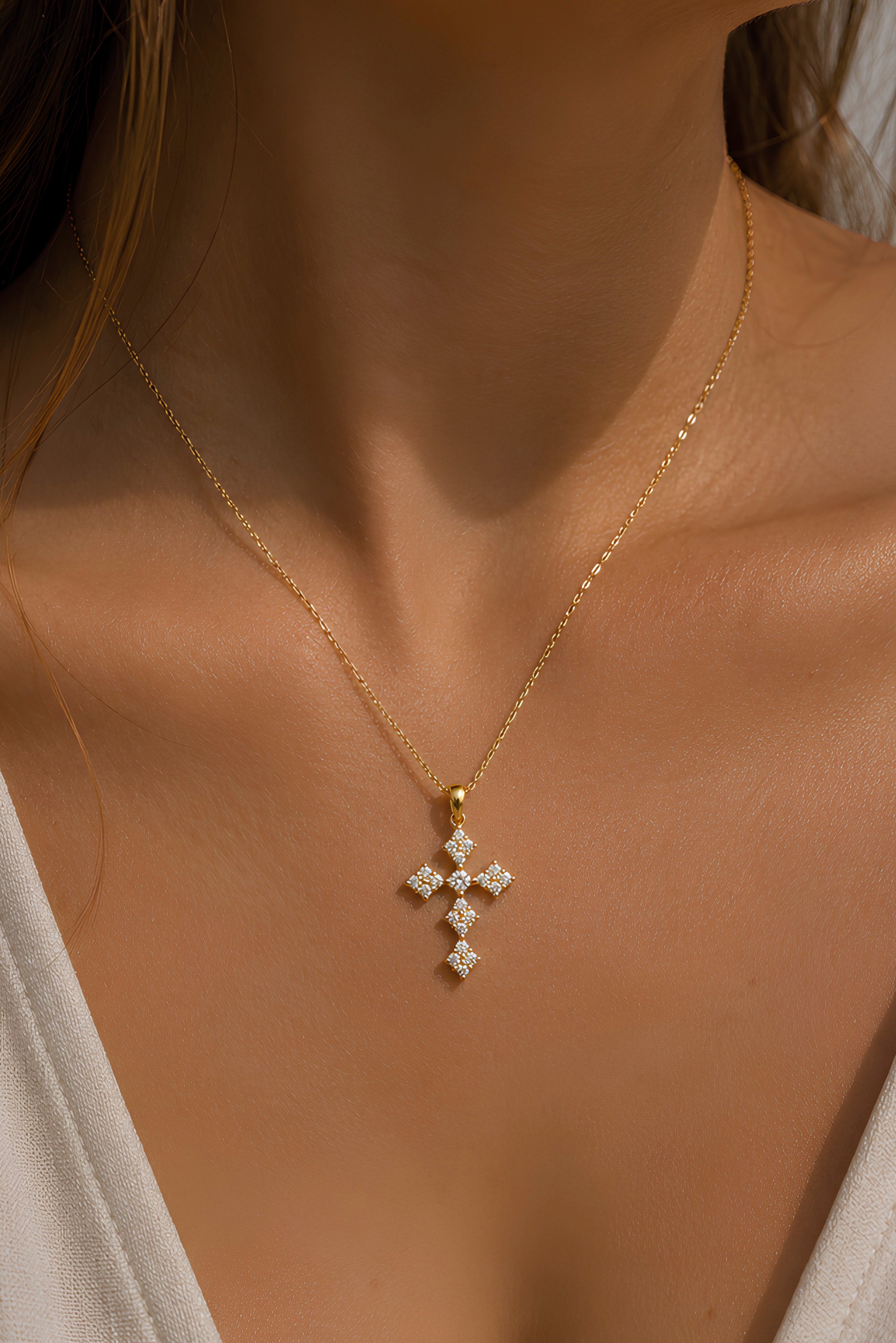 14K Gold Diamond Cross Necklace / Dainty Christian Cross Pendant
