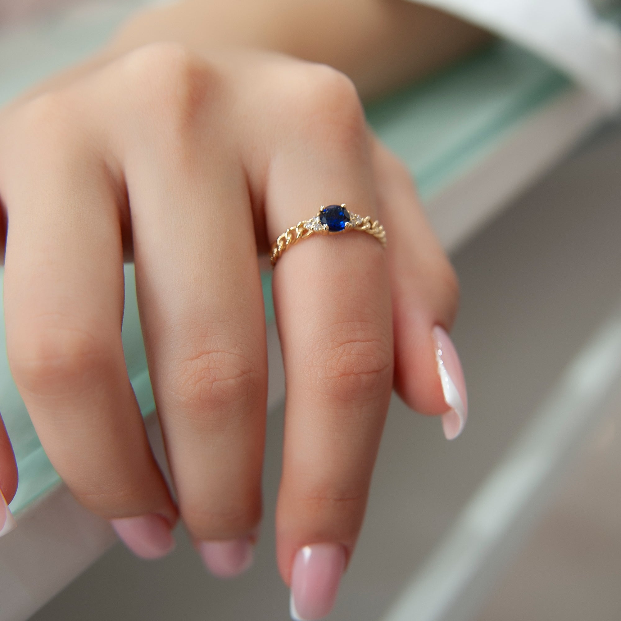 14K Gold Diamond Sapphire Chain Ring