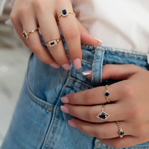 14K Solid Gold Baguette Diamond Sapphire Ring