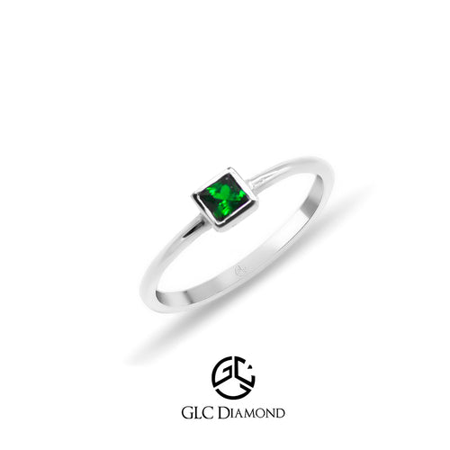 14K Gold Square Cut Solitaire Emerald Color Ring