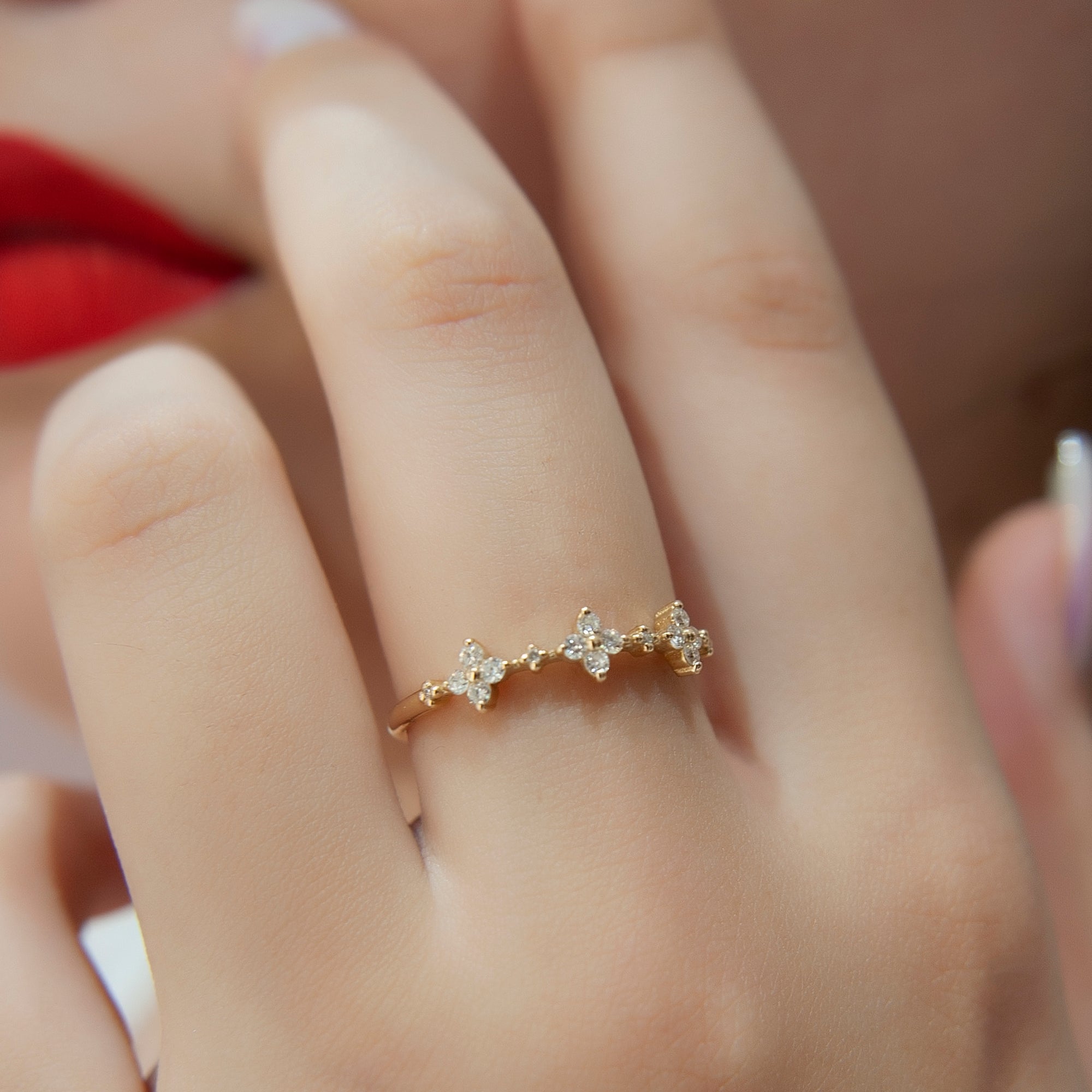 Diamond Daisy Stack Ring, 14K Gold Flower Ring
