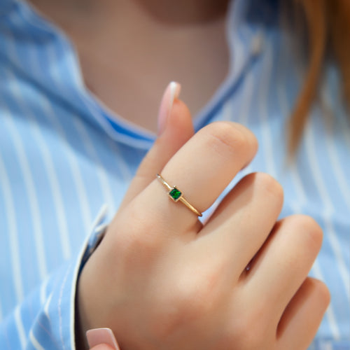 14K Gold Square Cut Solitaire Emerald Color Ring