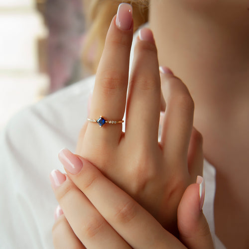 14K Gold Princess Cut Diamond Sapphire Ring