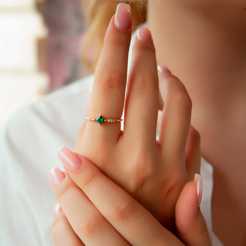 14K Gold Princess Cut Diamond Emerald Ring