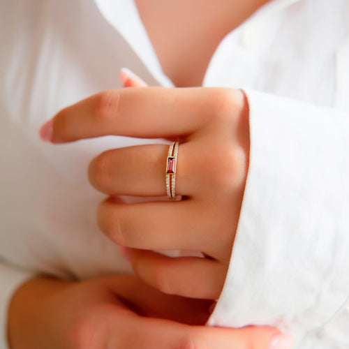 14K Gold Baguette Diamond Ruby Ring