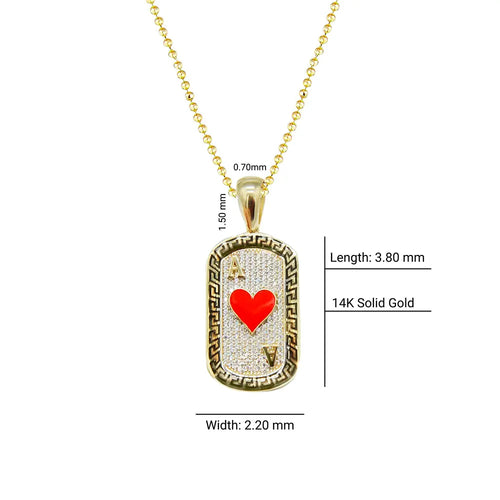 14K Solid Gold Ace Of Hearts Poker Necklace