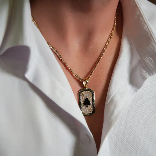 14K Solid Gold Ace Of Spades Poker Necklace