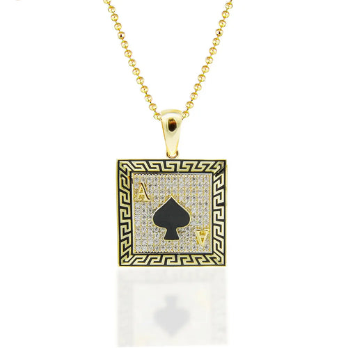 14K Solid Gold Ace Of Spades Poker Necklace