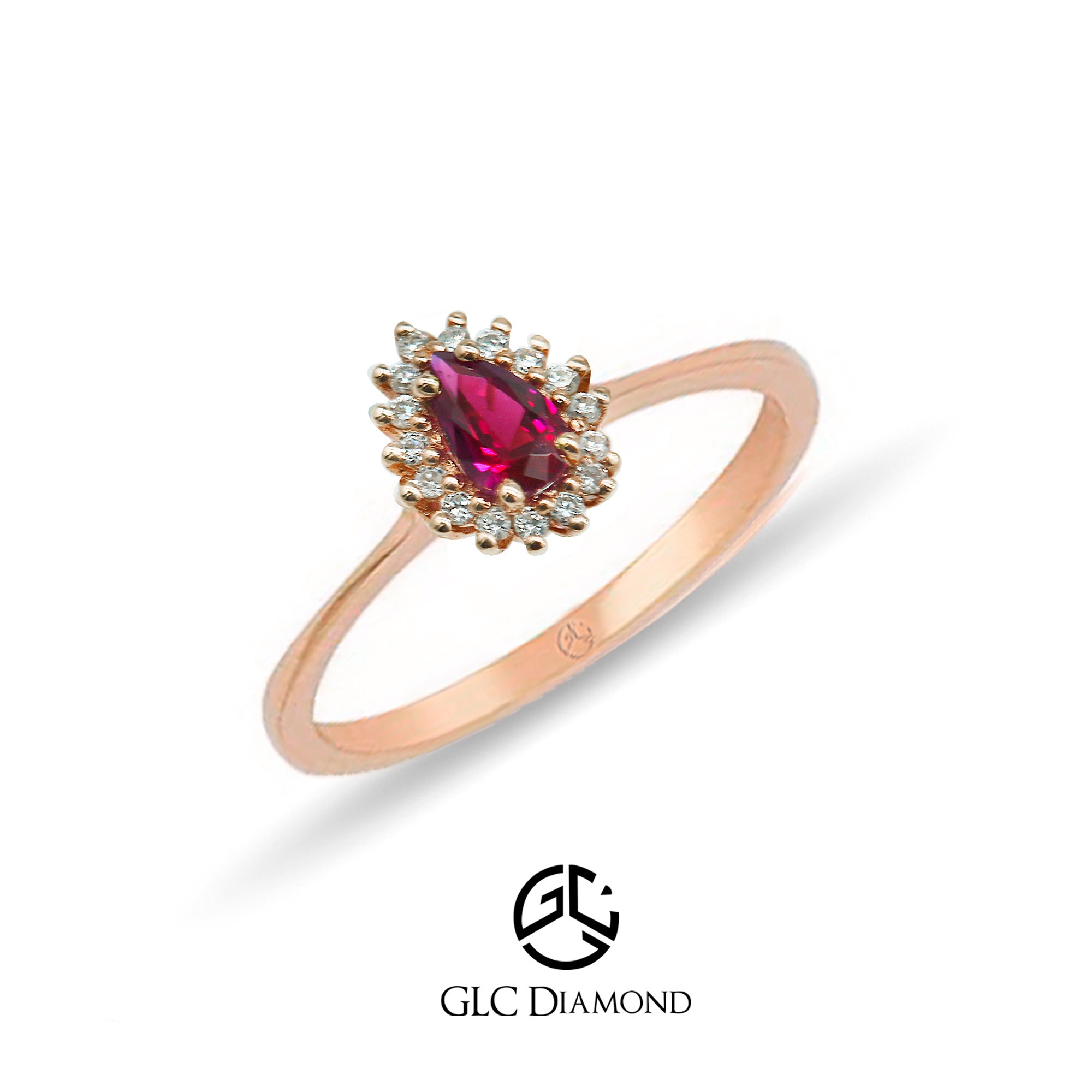 14K Solid Gold Diamond Pear Cut Ruby Solitaire Ring