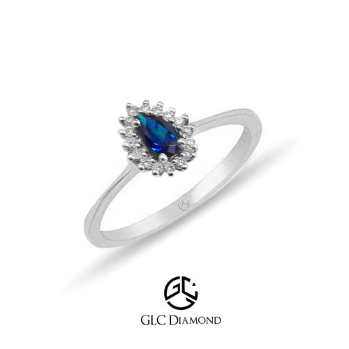 14k Solid White Gold Pear Cut Diamond Sapphire Ring