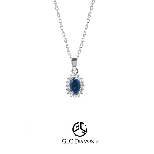 14K Solid White Gold Oval Cut Sapphire Necklace, 0.64 Carat Halo Necklace