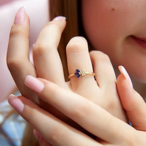 Diamond Sapphire Flower Ring, 14K Gold Everyday Ring