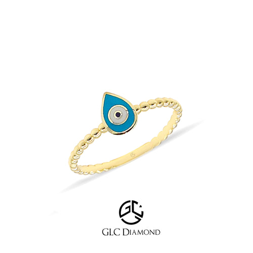 14K Gold Evil Eye Ring, Pear Shape, Positive Energy Ring, Gold Ring