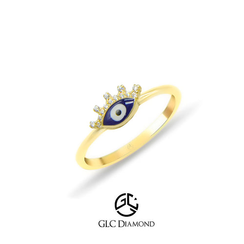 14K Solid Navy Blue Evil Eye Beaded Eye Ring