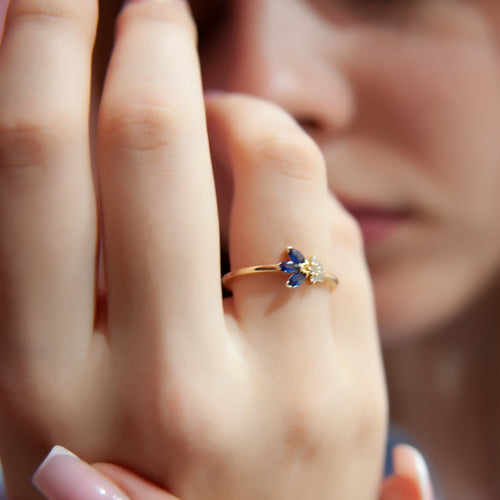 Diamond Sapphire Flower Ring, 14K Gold Everyday Ring