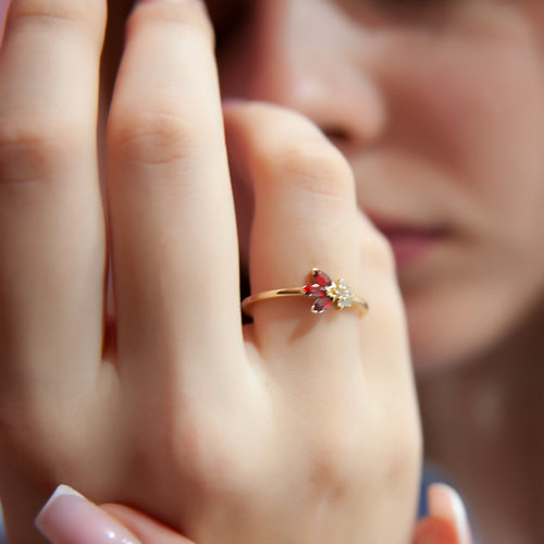 Diamond Ruby Flower Ring, 14K Gold Everyday Ring