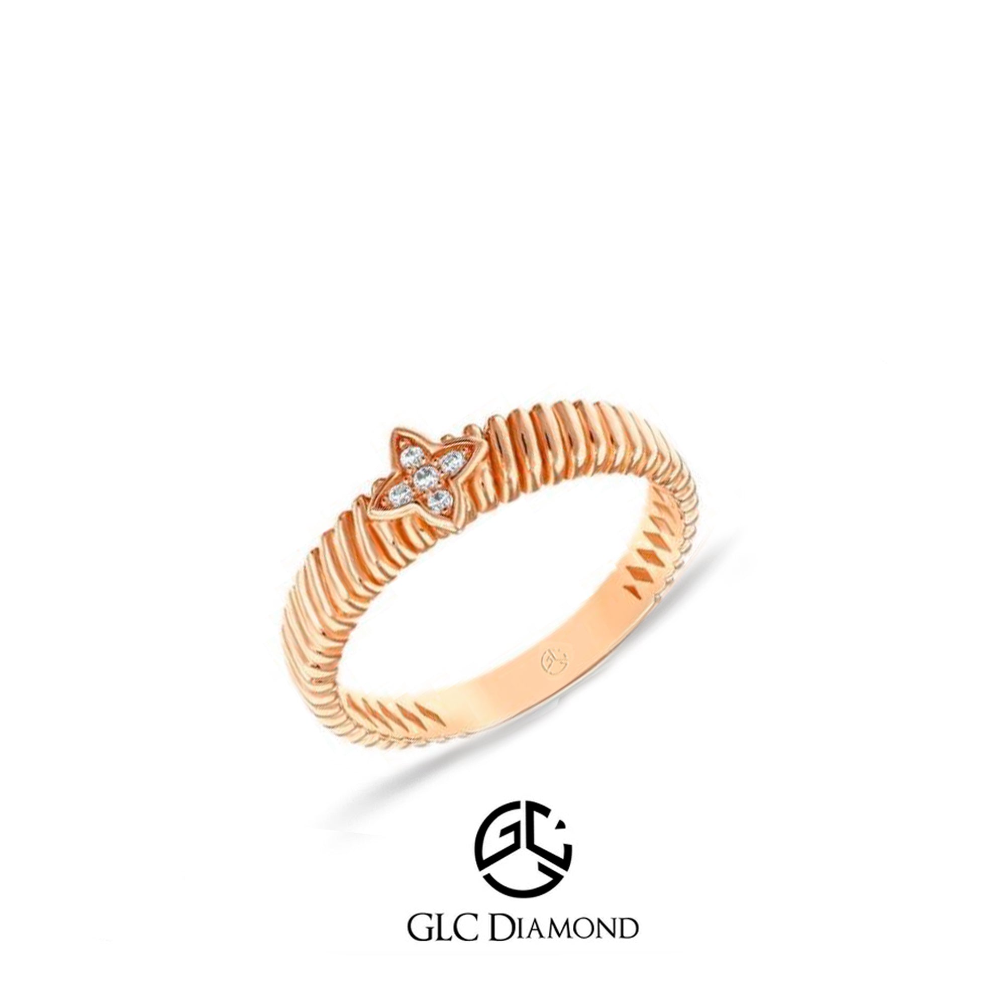 14K Gold Star Diamond Ring, Celestial Ribbed Band