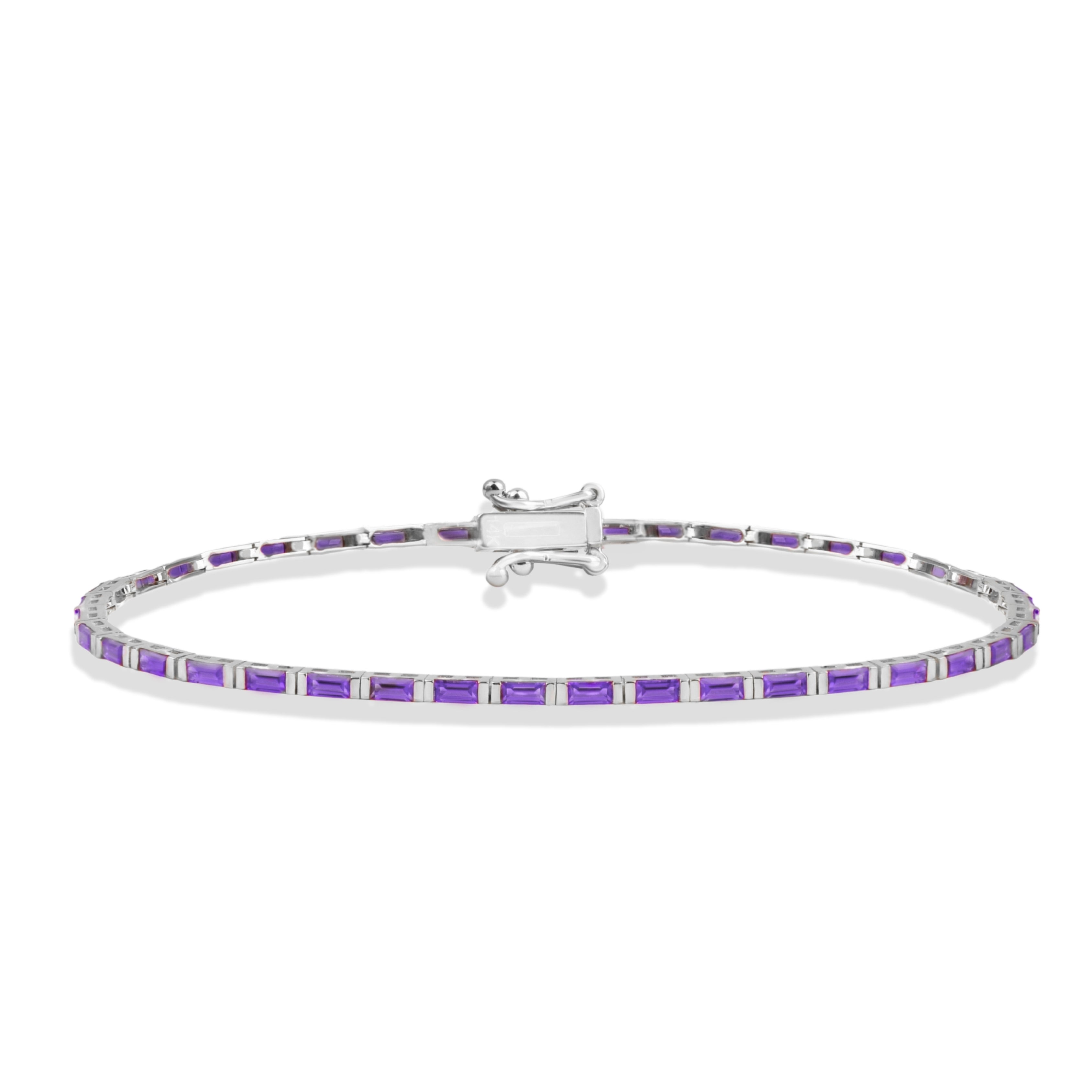 14K Gold Baguette Amethyst Tennis Bracelet / Dainty Amethyst Line Bracelet in Solid Gold