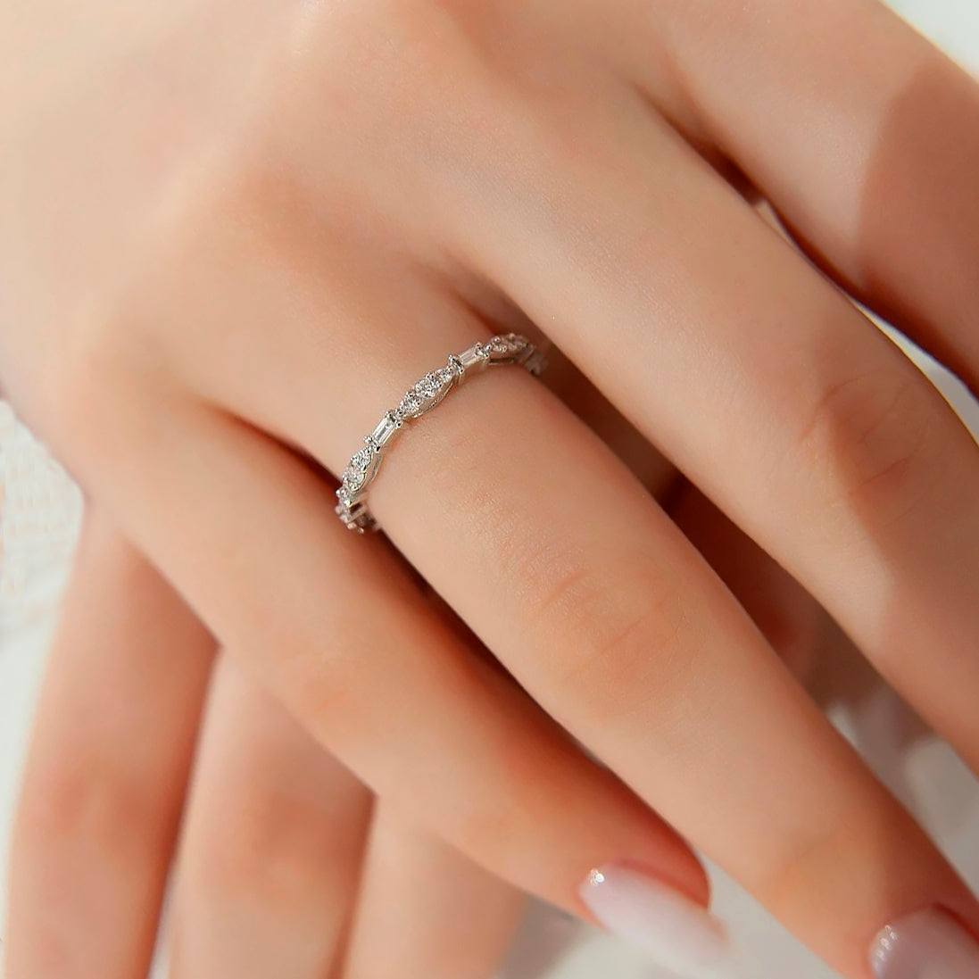 14K Gold Baguette and Round Diamond Ring / Cluster Wedding Band