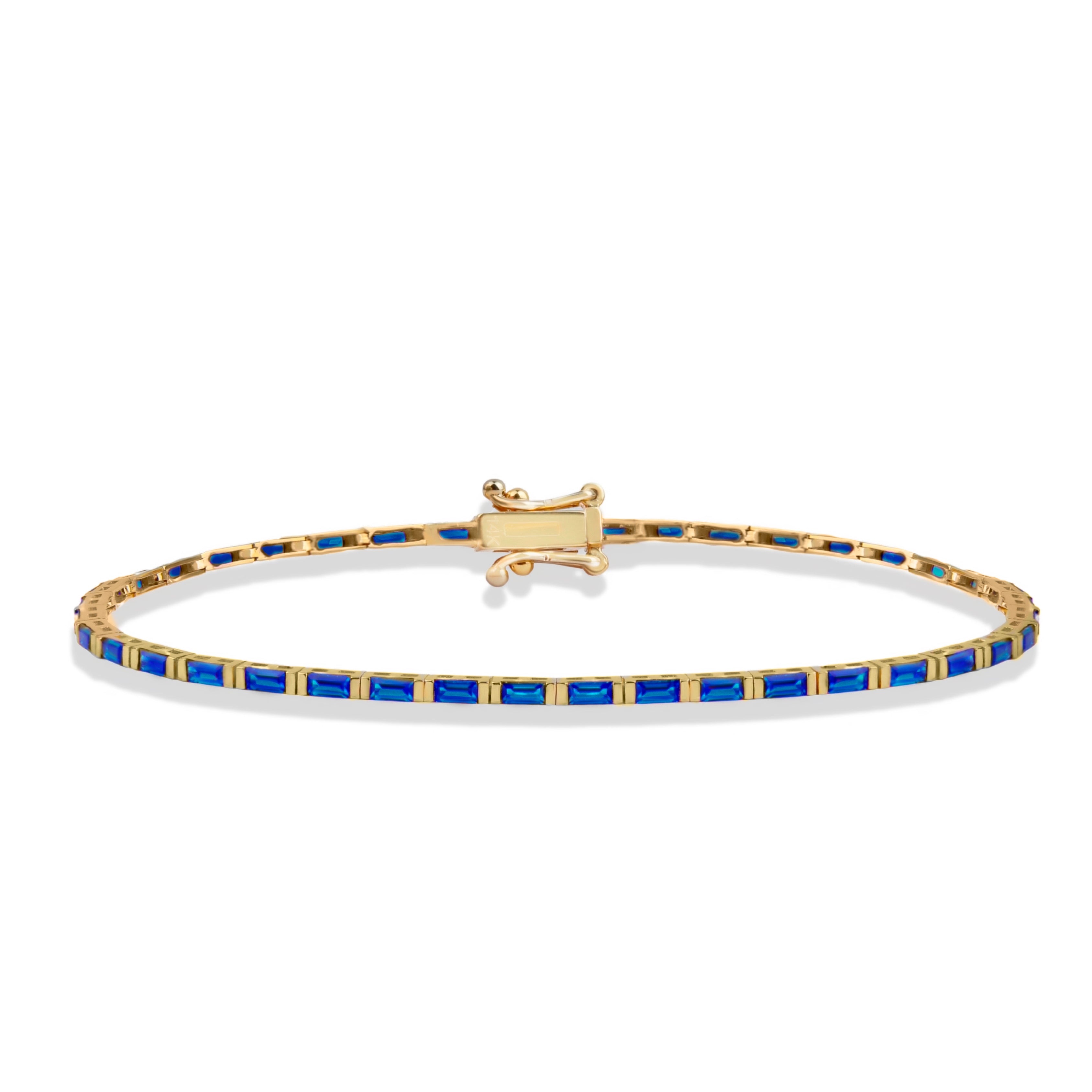 14K Gold Sapphire Baguette Tennis Bracelet / Solid Gold Blue Gemstone Line Bracelet