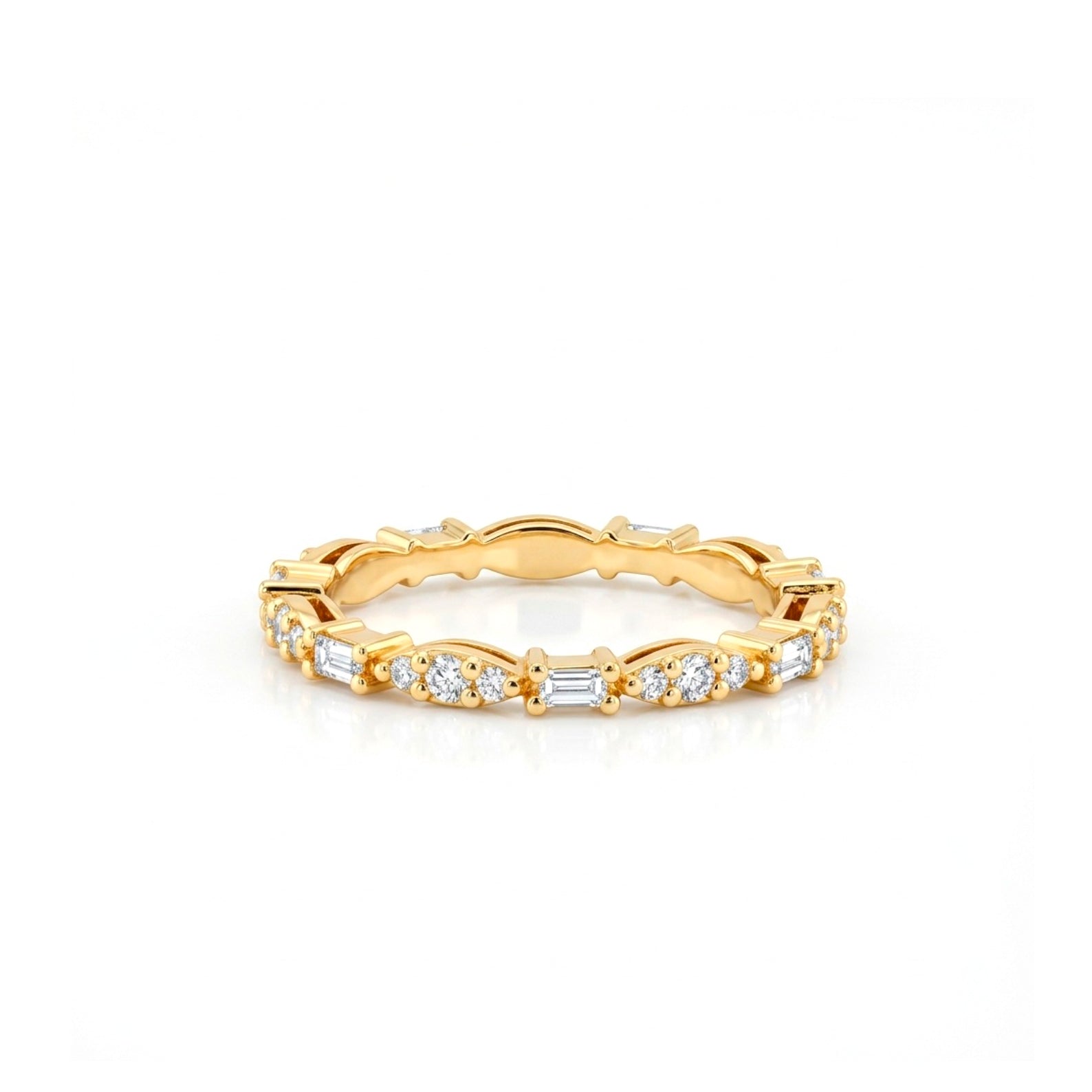 14K Gold Baguette and Round Diamond Ring / Cluster Wedding Band