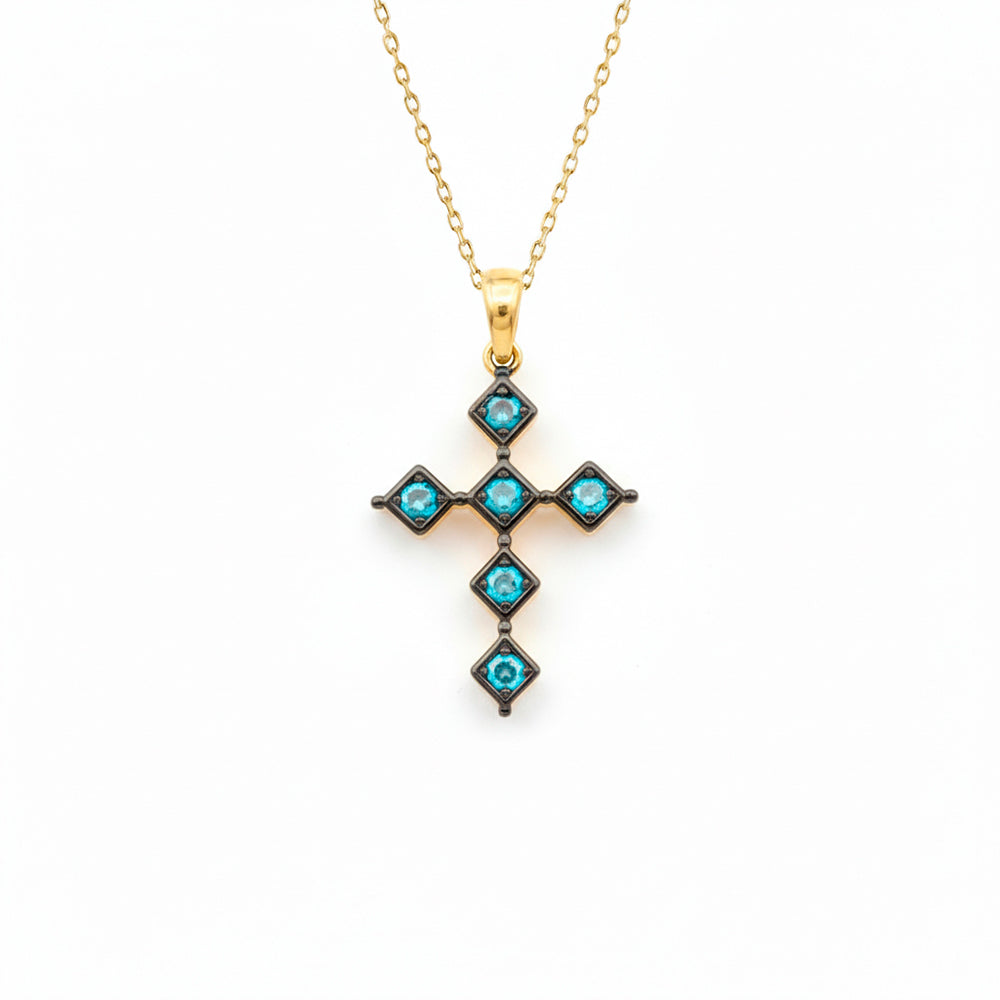14K Gold Aquamarine Cross Necklace / Bezel Aquamarine Cross