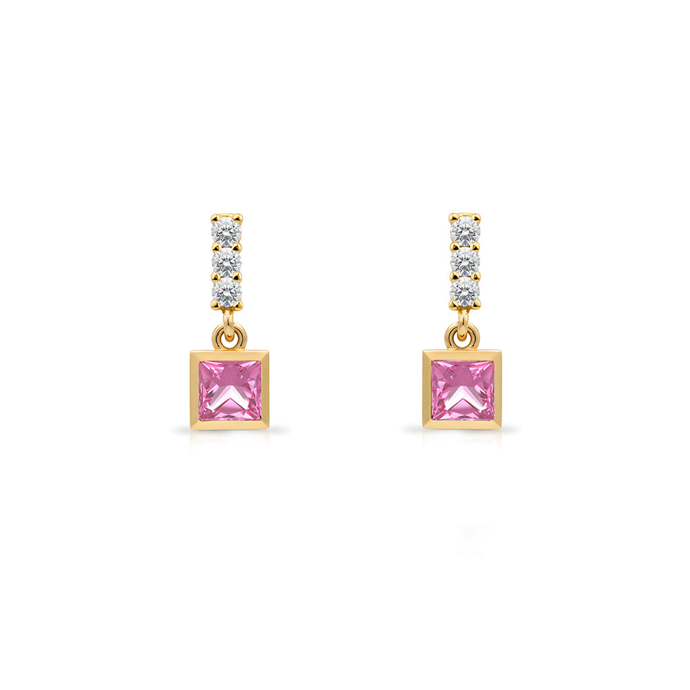 14K Gold Pink Sapphire Square Earrings