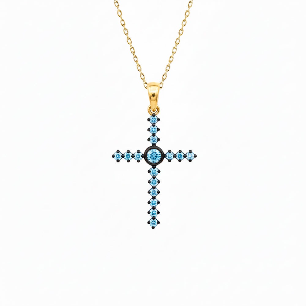 14K Gold Aquamarine Cross Necklace / Round Center Cross Pendant