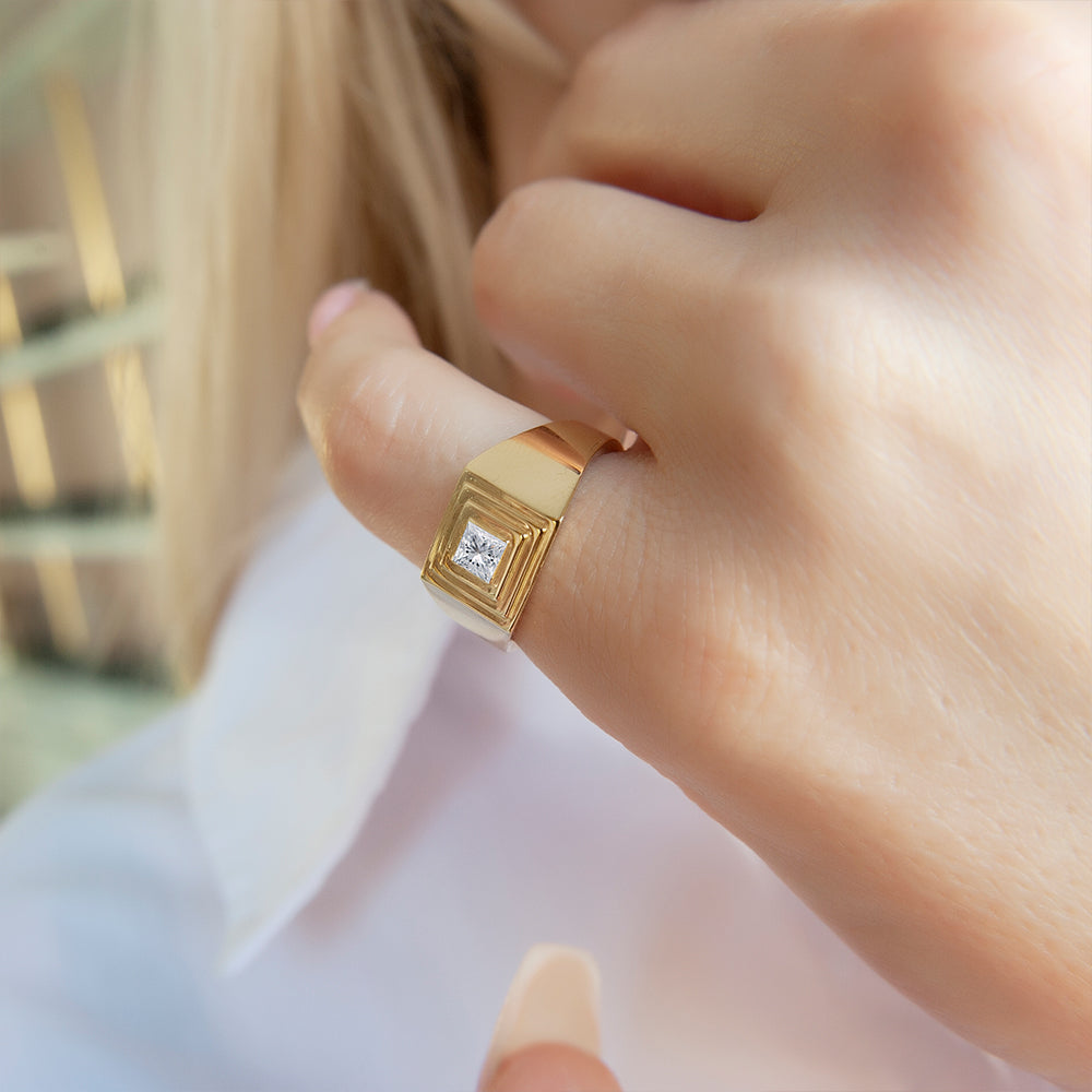 White Sapphire Signet Ring / Geometric Signet Ring