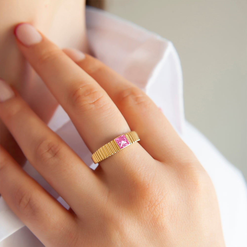 14K Gold Pink Sapphire Square Ring