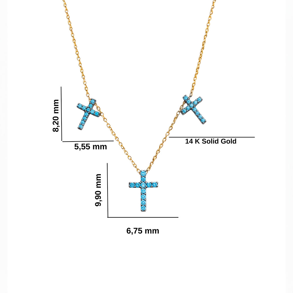 14K Gold Aquamarine Triple Cross Necklace / Layered Faith Necklace